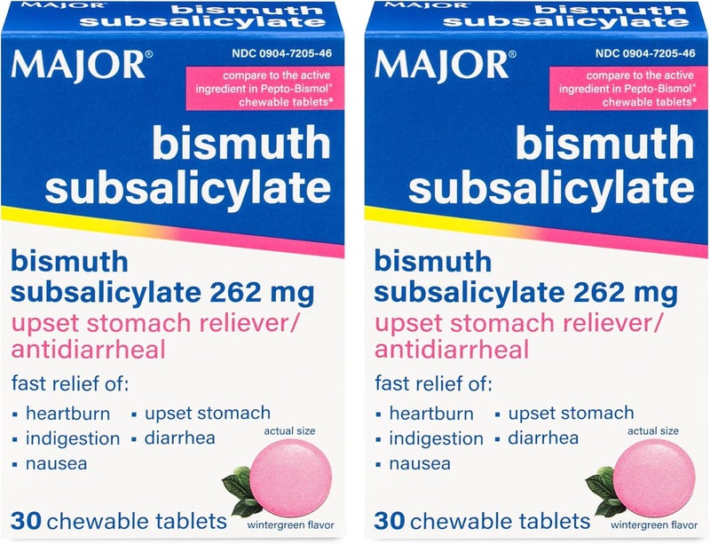 MAJOR Bismuth Subsalicylate 262 mg Chewables - Offers Heartburn, Indigestion, Nausea, Diarrhea, and Upset Stomach Relief - Anti-diarrheal - 30 Chewable Tablets (2 Pack) - Image 1